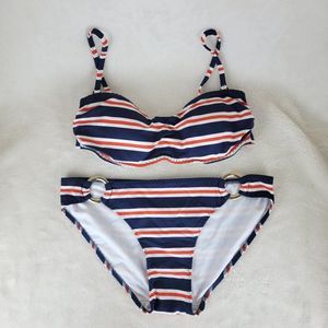 Lands' End Silicone Push Up Padded Colorful Stripes Golden Buckles Bikini Set S